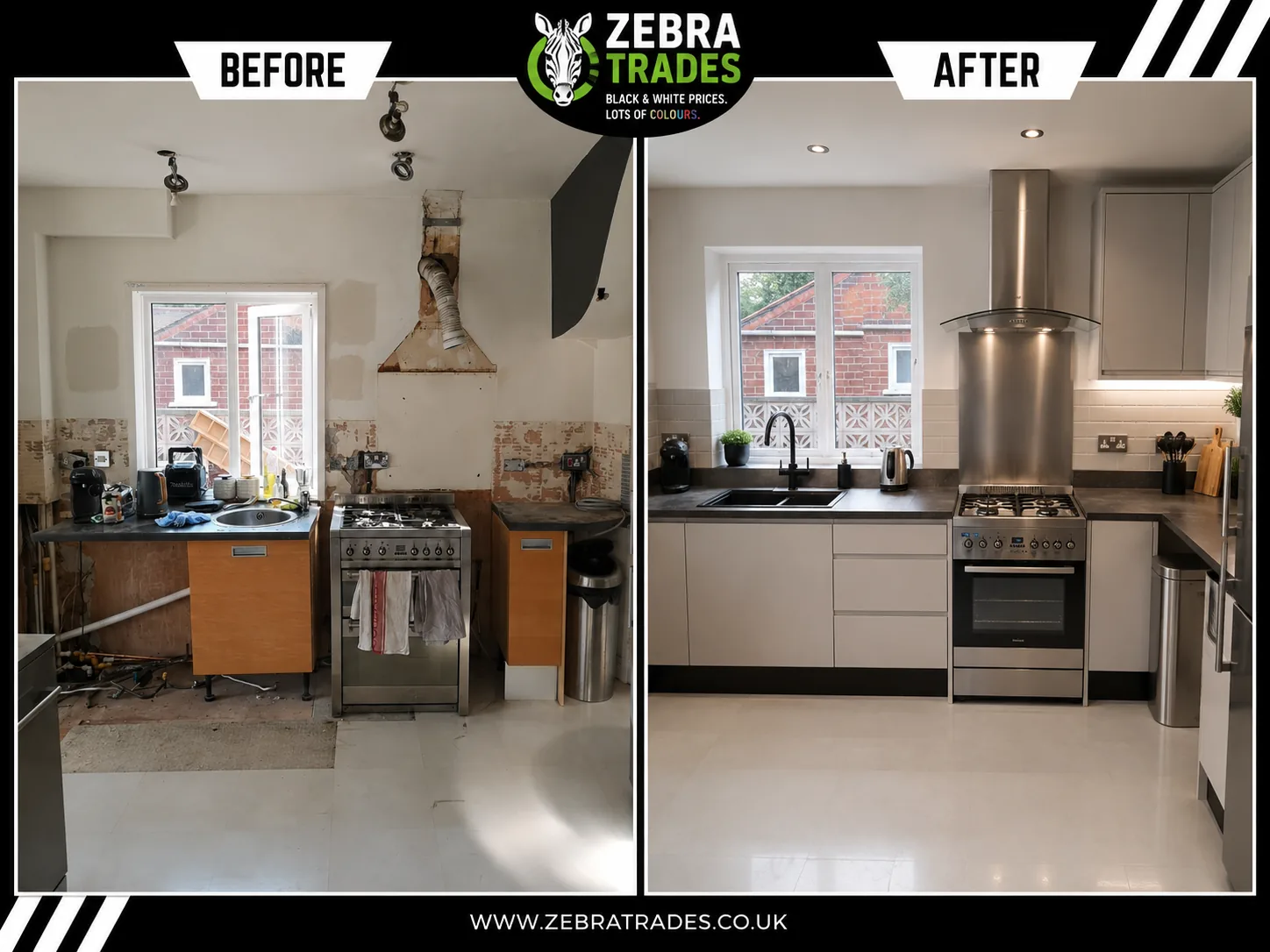 Before and after black and off-white slab flat door easy-clean kitchen in Goffs Oak
