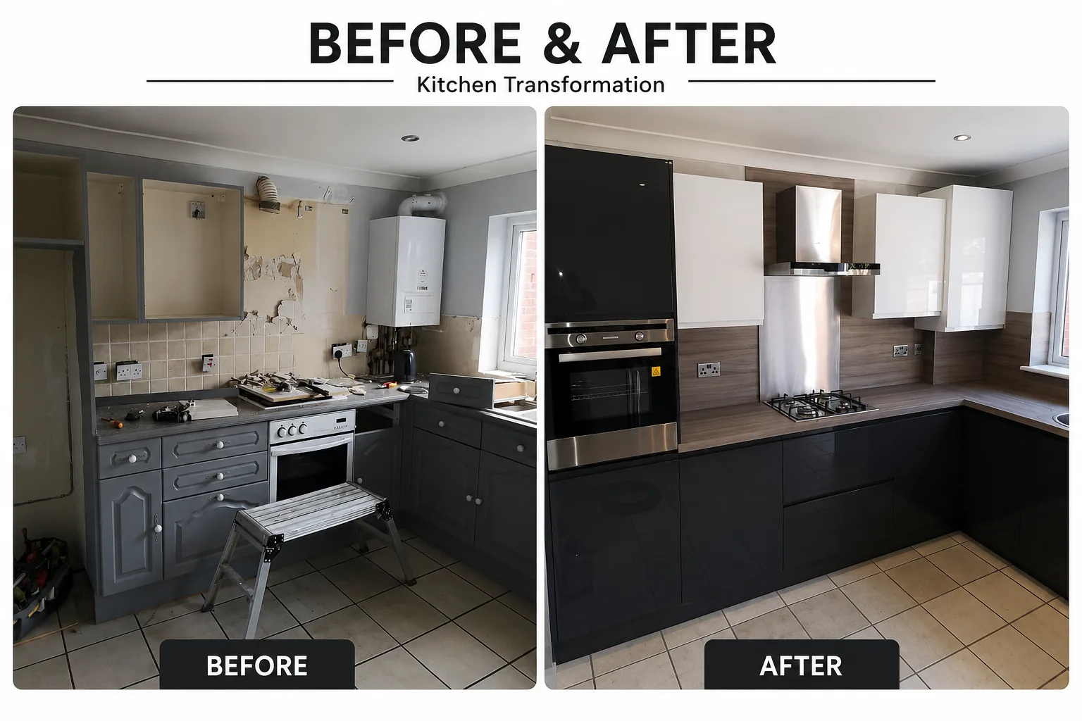 Before and after black and white gloss slab flat door easy-clean kitchen in Cuffley