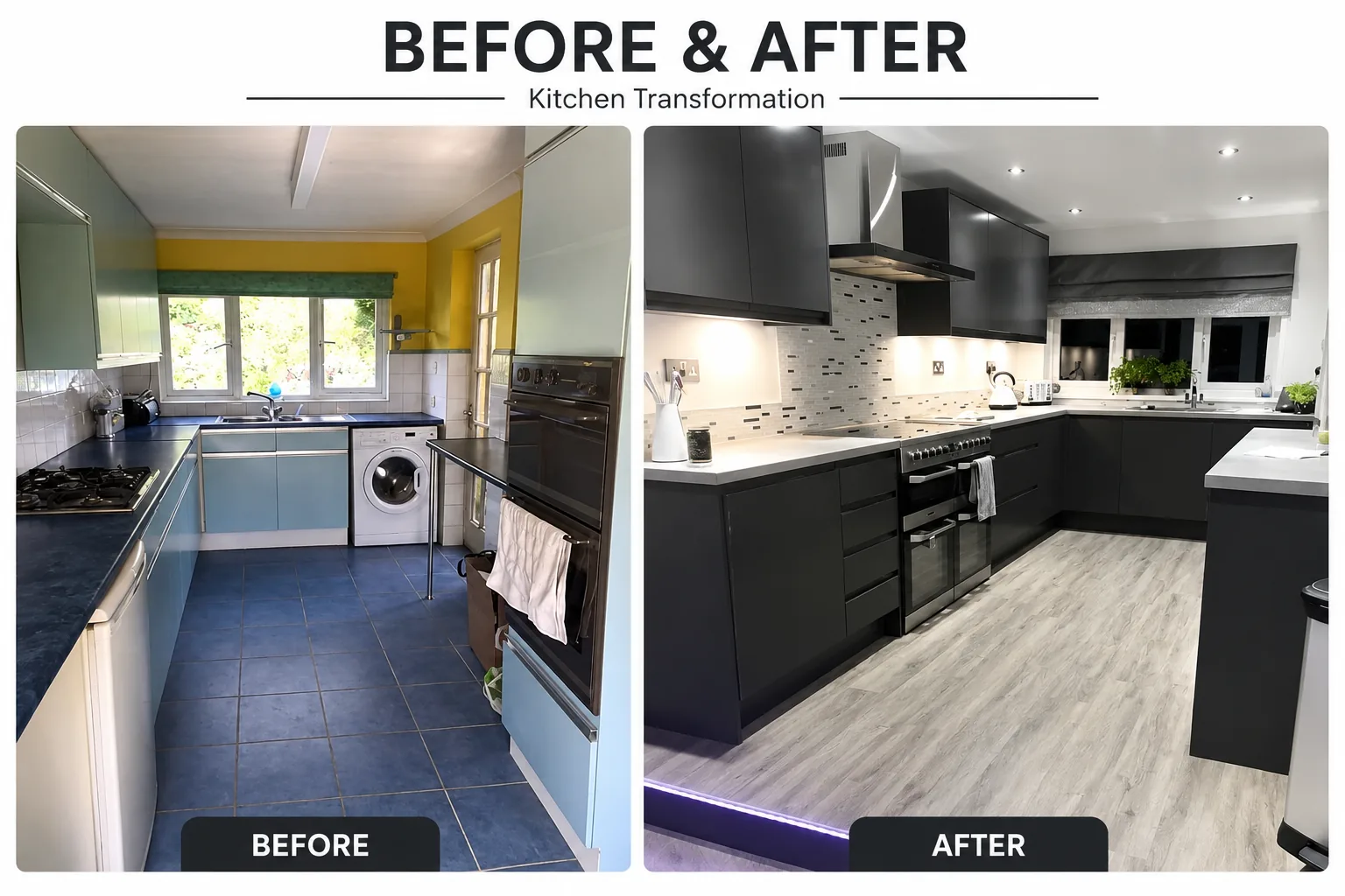 Before and after black anthracite matt handleless kitchen installation in Hertfordshire