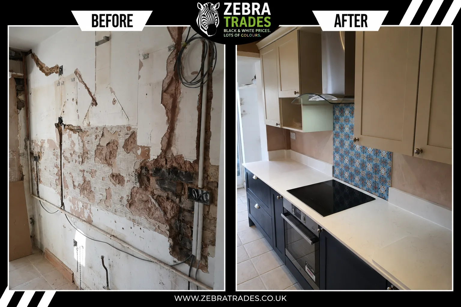 Before and after blue and cashmere wooden kitchen door installation in Hertford
