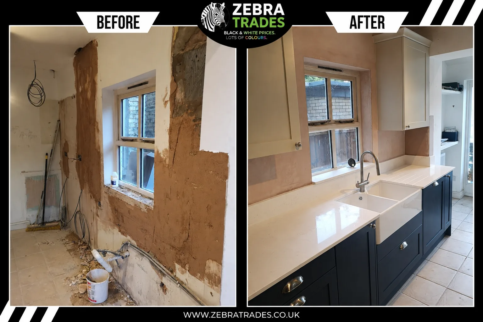 Before and after blue and cashmere wooden kitchen doors in Hertford town