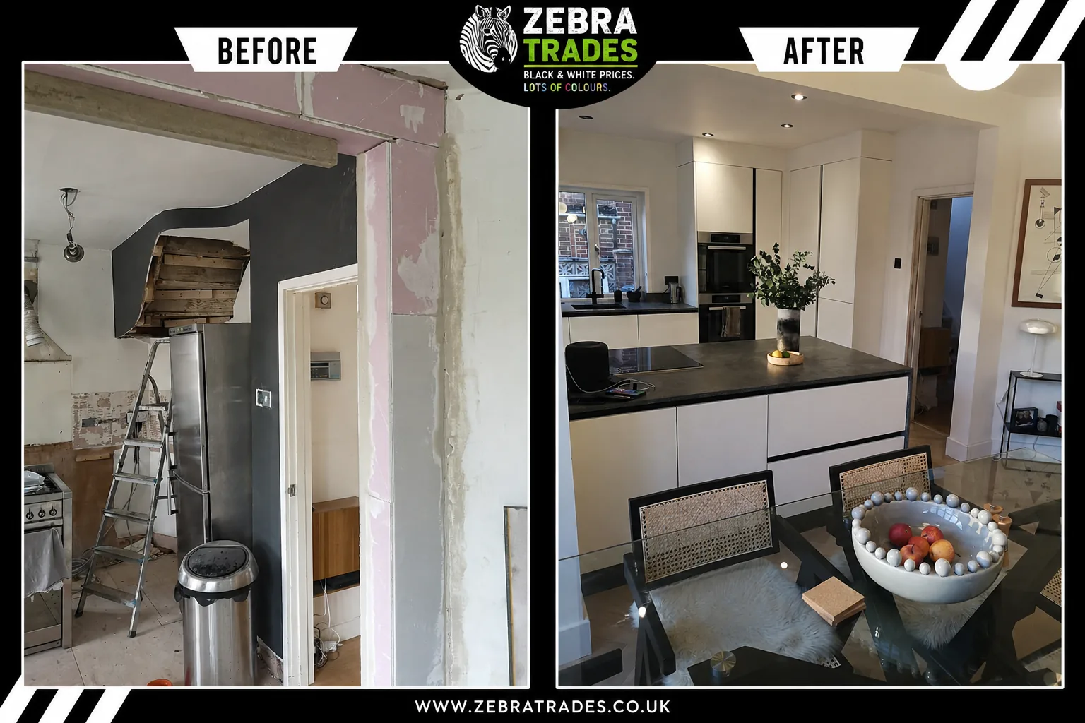 Before and after flat slab door off-white matt kitchen in Goffs Oak
