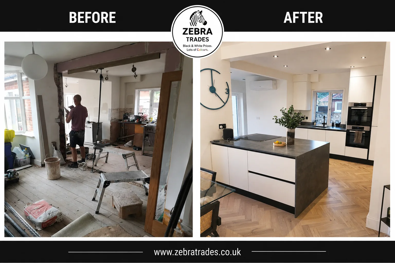 Before and after flat slab door off-white matt kitchen in Hertfordshire