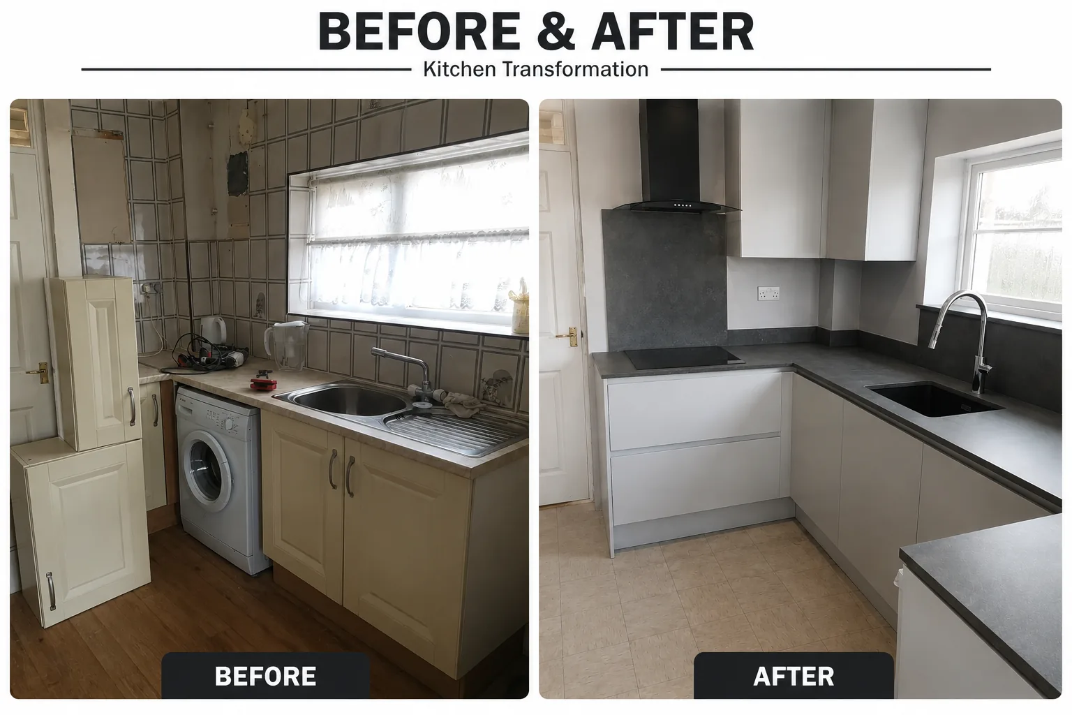 Before and after grey Lucente handleless kitchen installation in Waltham Abbey