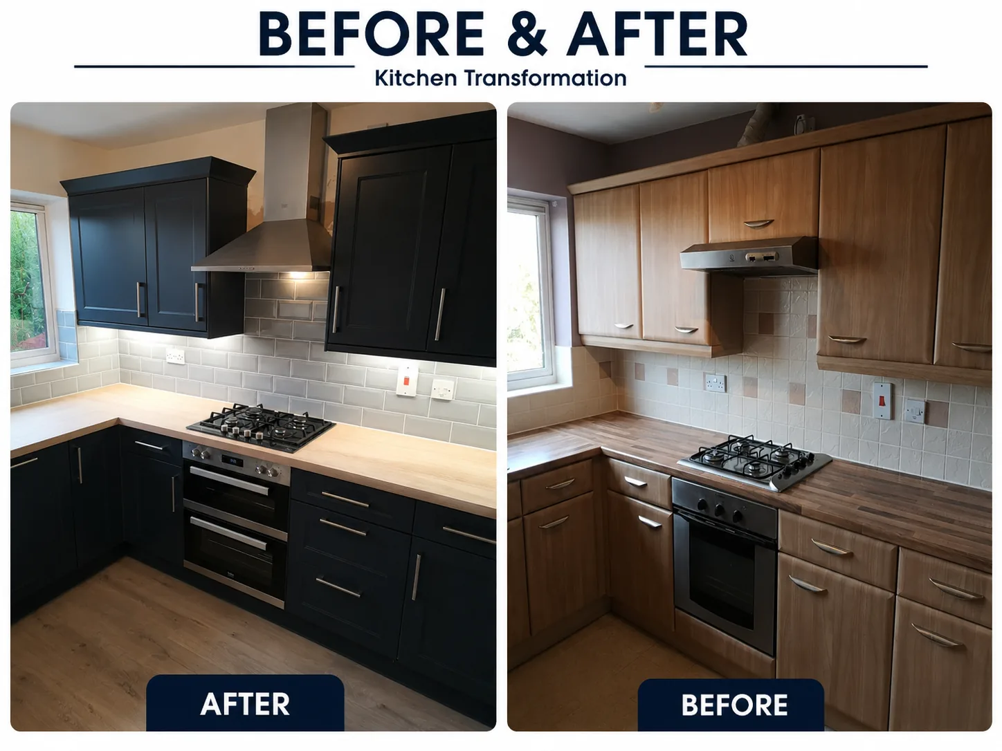 Before and after indigo shaker door kitchen installation in Cheshunt