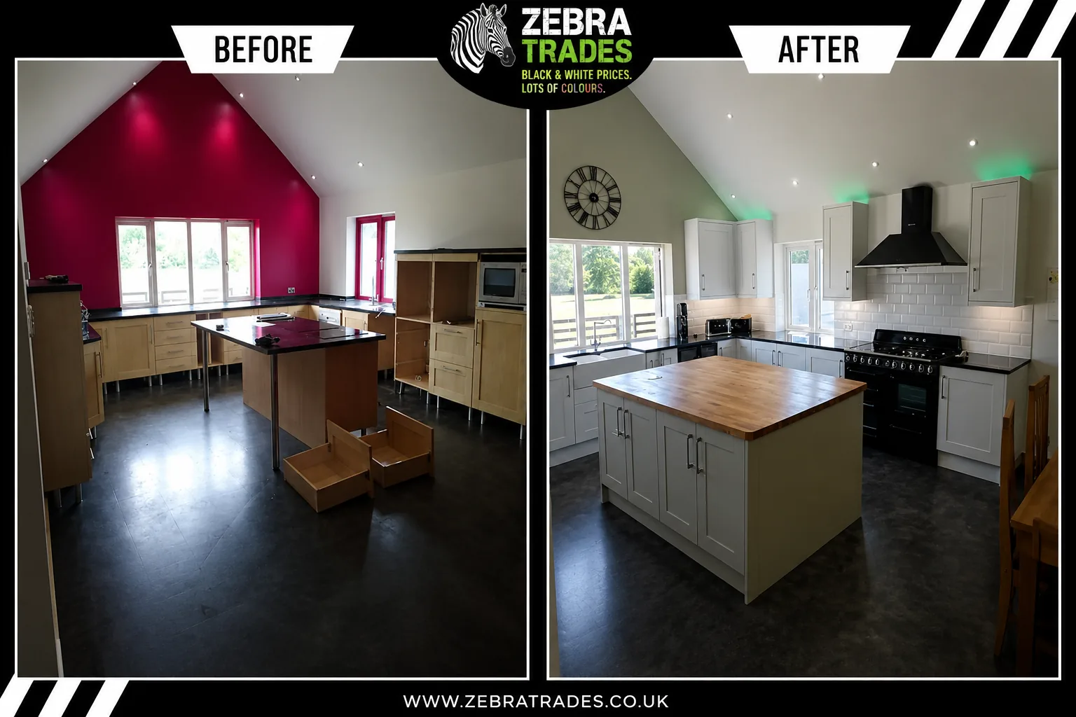 Before and after ivory shaker solid wood door kitchen in Hertfordshire