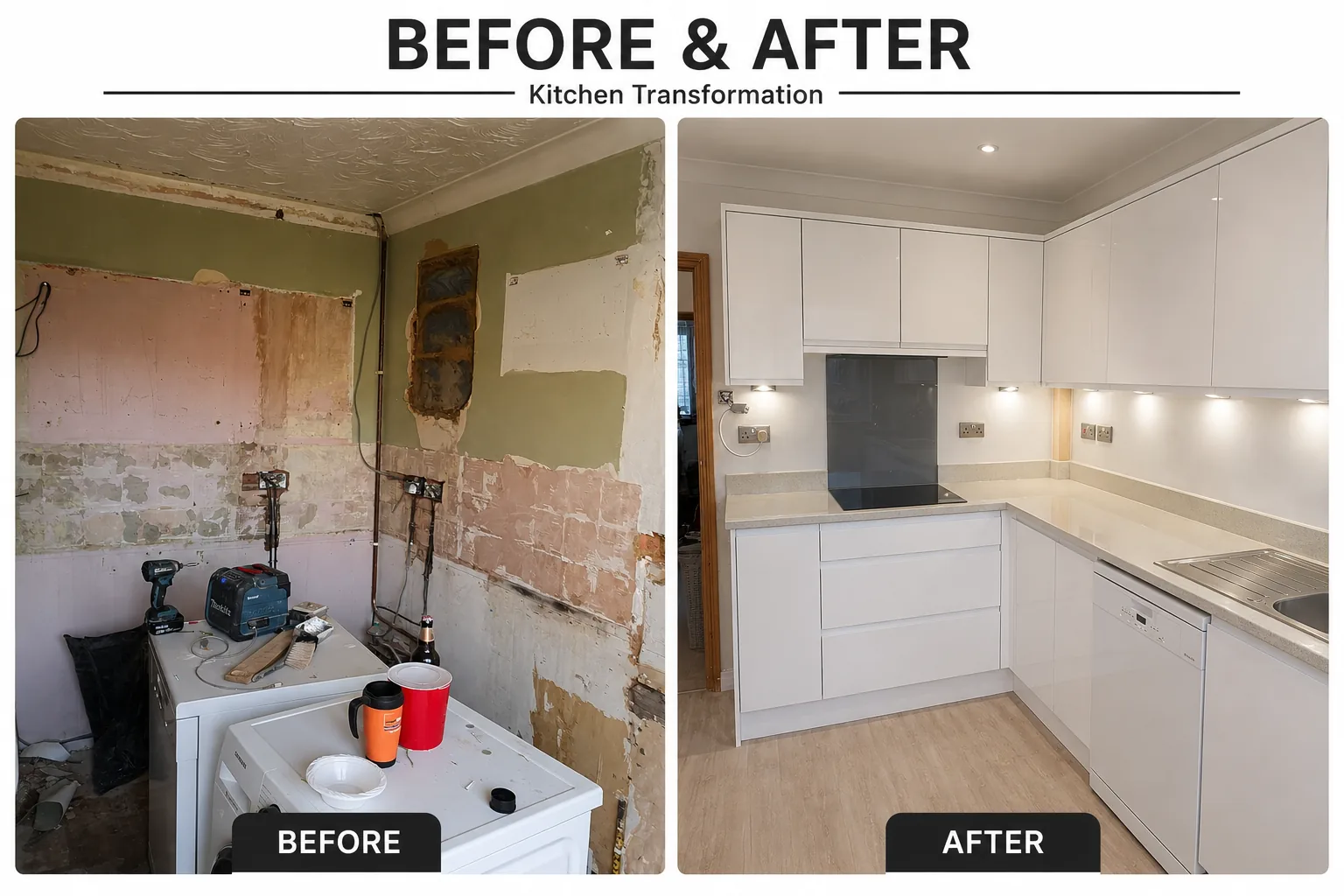 Before and after light grey and dove grey matt kitchen installation