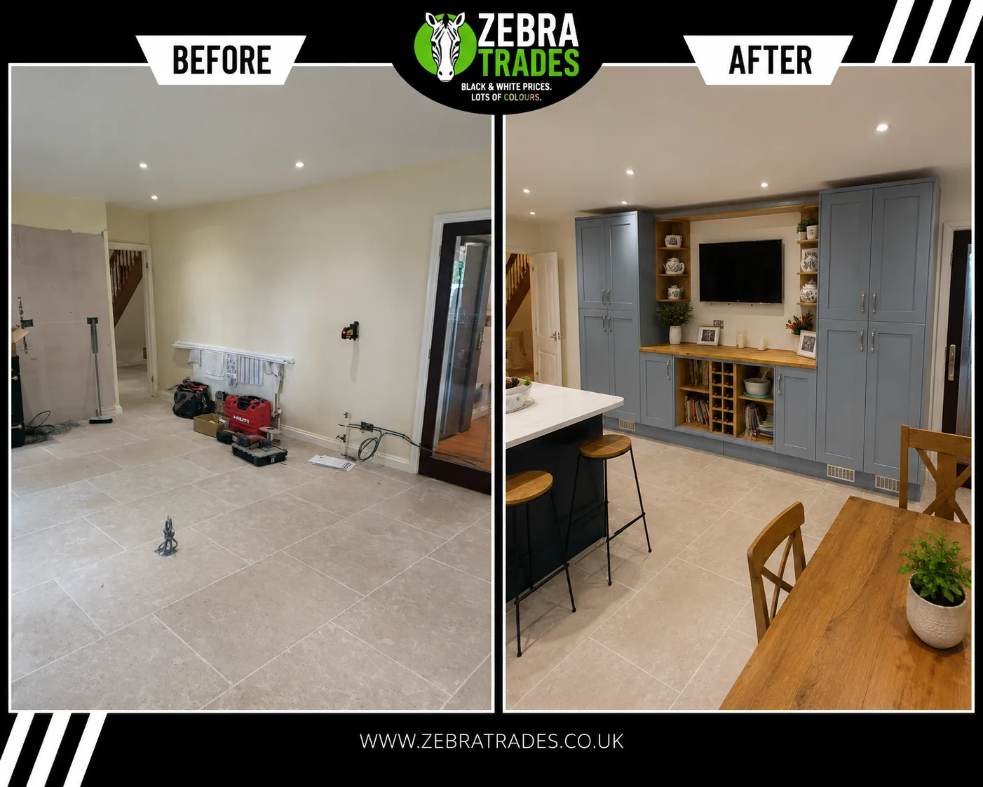Before and after luxury solid wood kitchen installation in Cuffley