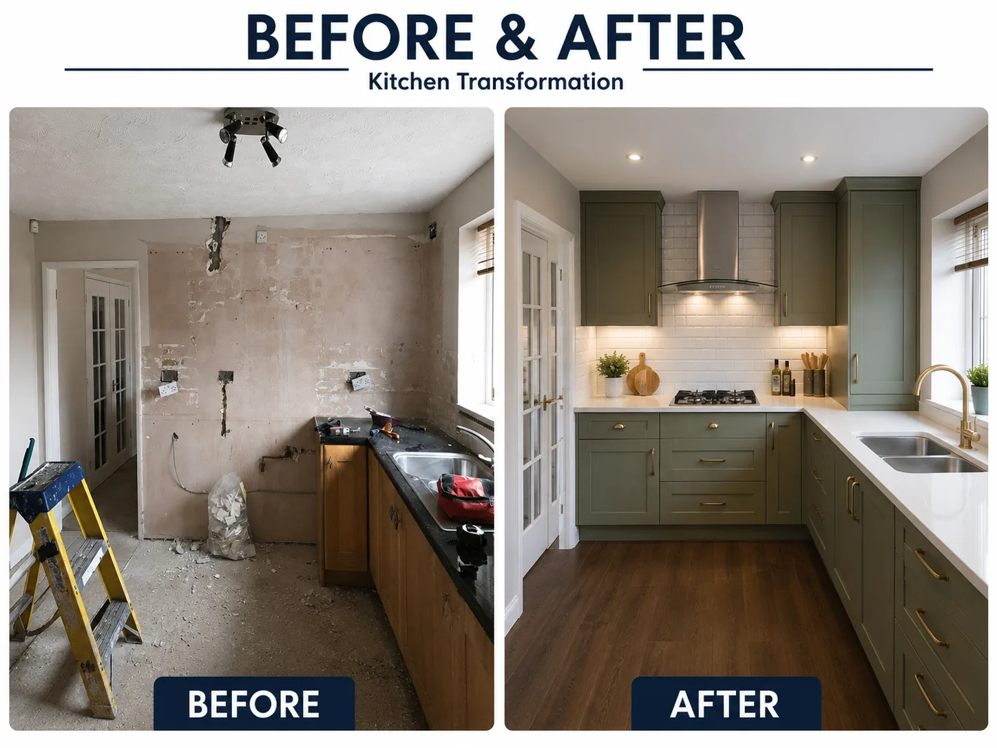 Before and after sage green shaker door kitchen installation