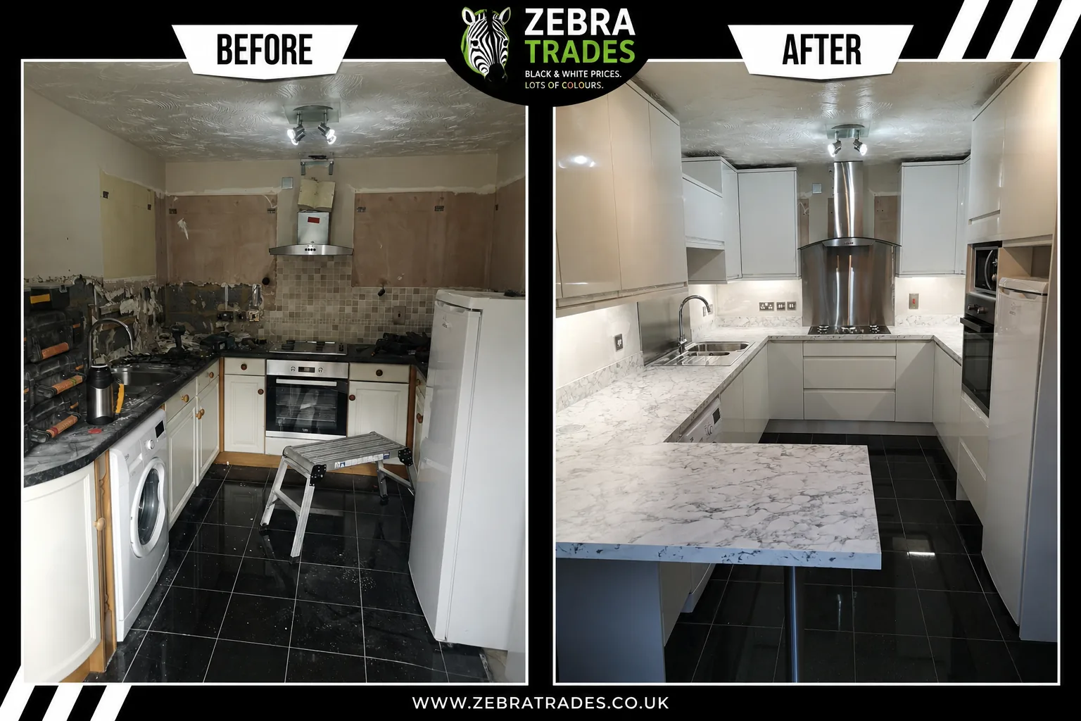 Before and after white gloss kitchen installation in Cheshunt