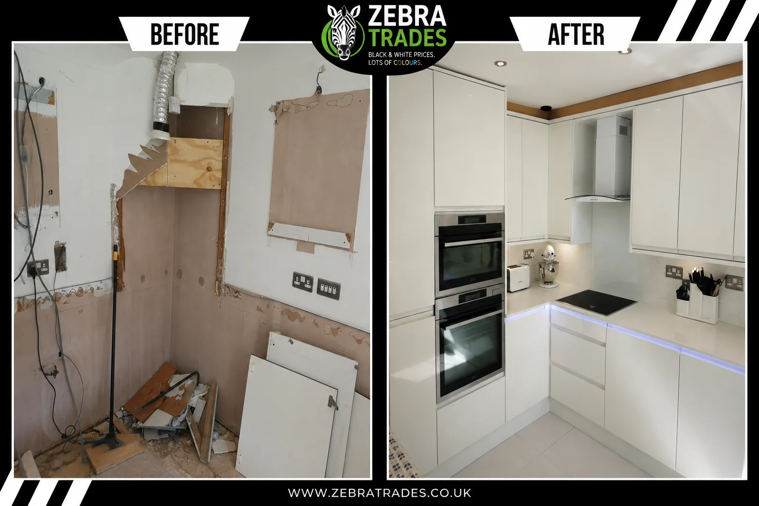 Before and after white gloss handleless kitchen with under-worktop lighting in Waltham Cross