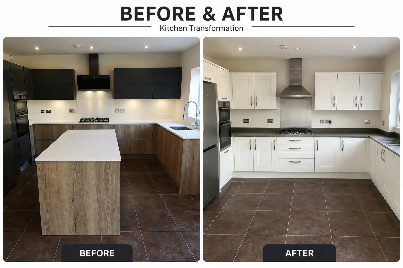 Before and after wood grain and indigo kitchen installation in Waltham Cross